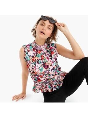 J.CREW Women’s Sleeveless Mock-Neck Smocked Top in Splatter Floral-Size 2